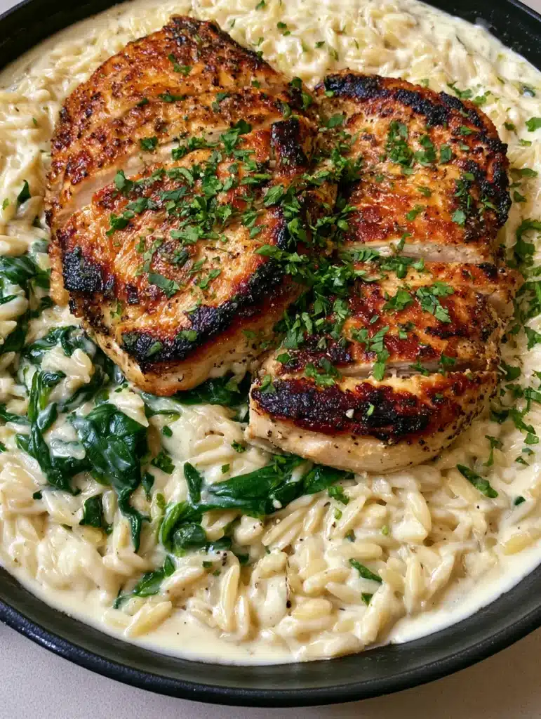 A black skillet showing the contrast of green parsley and spinach against charred chicken and creamy orzo.