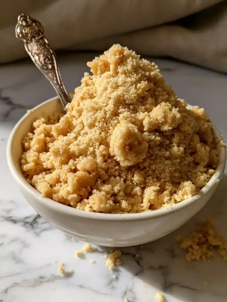 Crumble Topping Recipe: The Ultimate Guide to Buttery Streusel Clusters 1 Overhead view of a white ceramic bowl filled with golden-beige crumble topping and a vintage silver spoon.