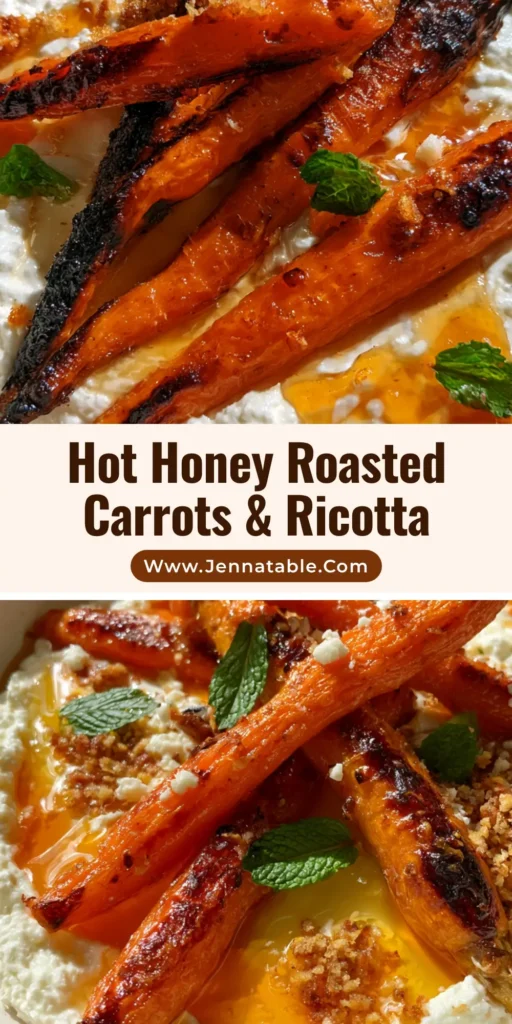 A shallow ceramic bowl of Hot Honey Roasted Carrots on a thick bed of whipped ricotta, garnished with mint and golden breadcrumbs.