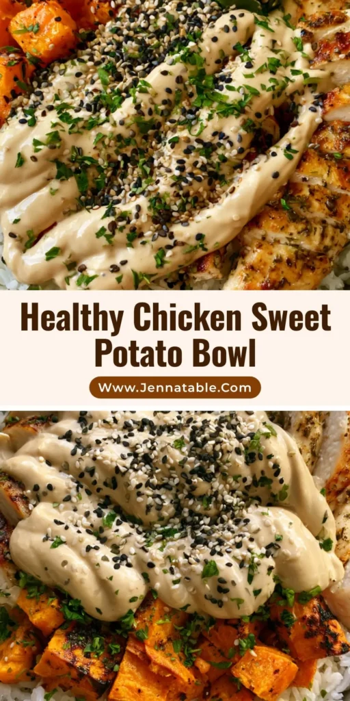 A handheld smartphone photo of a Chicken and Sweet Potato Power Bowl in a matte ceramic bowl with a heavy tahini drizzle and sesame seeds.