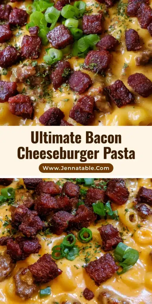 Bacon Cheeseburger Pasta: The Ultimate Creamy Skillet Dinner 4 A close-up of Bacon Cheeseburger Pasta in a cast iron skillet featuring glossy orange cheese sauce, browned beef, and crispy bacon squares garnished with scallions.