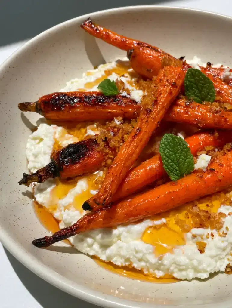 Close up shot of Hot Honey Roasted Carrots showing charred stems and glistening honey drizzle on a speckled plate.