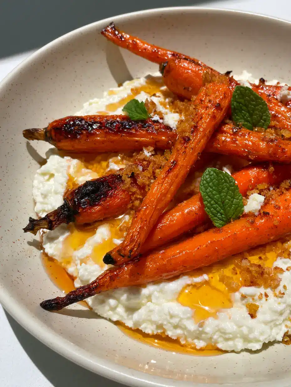 Close up shot of Hot Honey Roasted Carrots showing charred stems and glistening honey drizzle on a speckled plate.