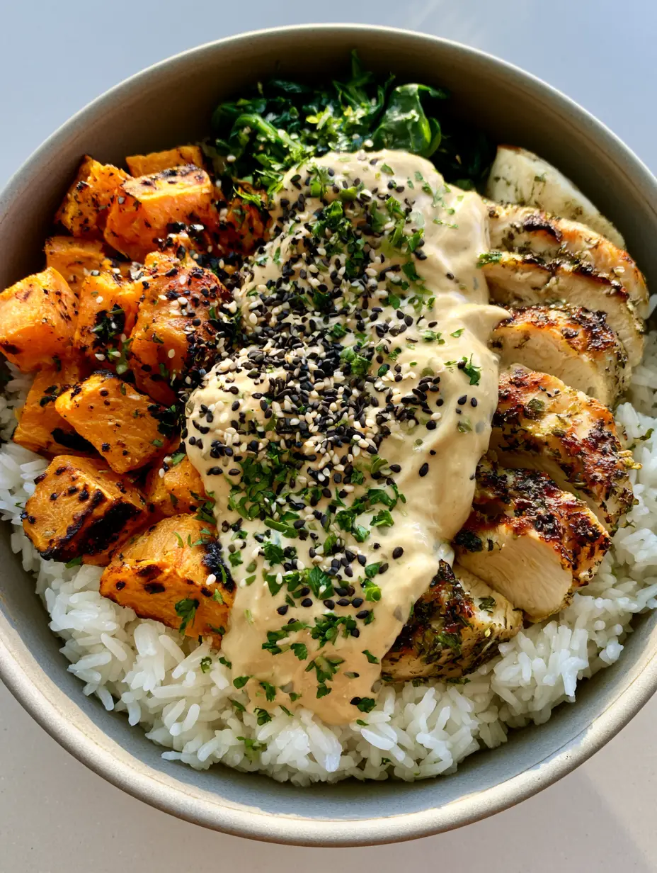 Close-up of charred oven-roasted sweet potato cubes and herb-seasoned chicken in a Chicken and Sweet Potato Power Bowl.