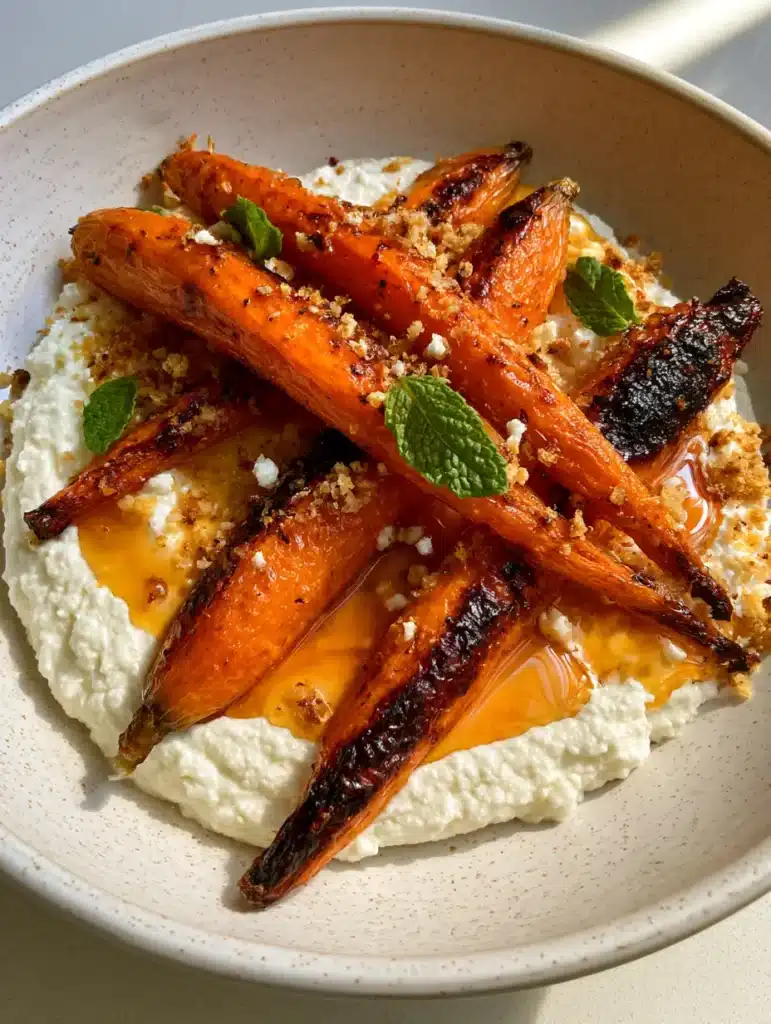 Whole roasted carrots with blistered skins resting on a textured layer of white whipped ricotta cheese.
