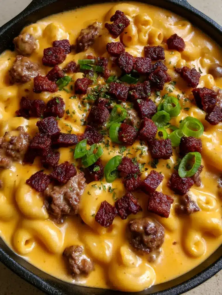 Bacon Cheeseburger Pasta: The Ultimate Creamy Skillet Dinner 2 High-angle shot of creamy Bacon Cheeseburger Pasta with al dente macaroni, thick golden cheddar sauce, and crispy bacon bits.