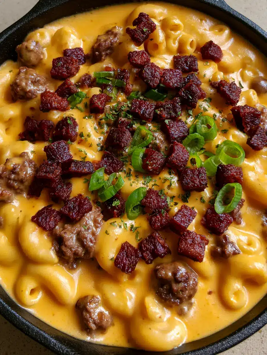 Bacon Cheeseburger Pasta: The Ultimate Creamy Skillet Dinner 3 High-angle shot of creamy Bacon Cheeseburger Pasta with al dente macaroni, thick golden cheddar sauce, and crispy bacon bits.