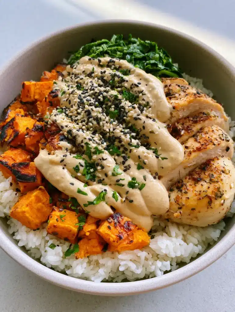 A bird's eye view of the Chicken and Sweet Potato Power Bowl showing the zig-zag tahini drizzle and parsley garnish.