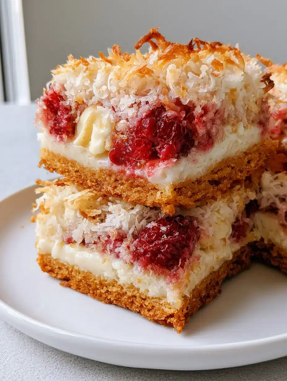 Close-up of Raspberry Coconut Magic Bars featuring toasted coconut strands and melted white chocolate morsels.