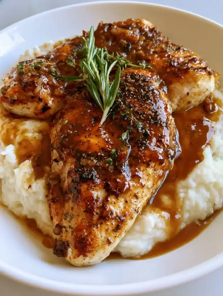 Close-up of pan-seared Garlic Herb Chicken Breast with a rich amber glaze and fresh thyme leaves on a white ceramic plate.
