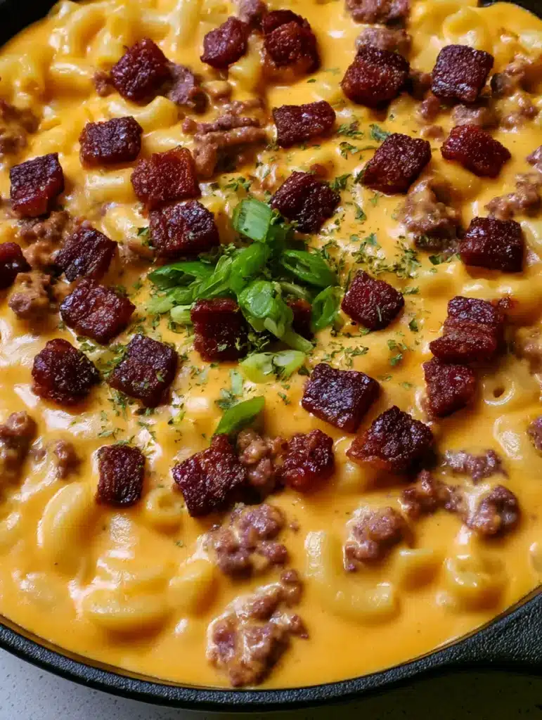 Bacon Cheeseburger Pasta: The Ultimate Creamy Skillet Dinner 1 Close-up detail of browned ground beef crumbles and vibrant green scallions scattered over Bacon Cheeseburger Pasta.