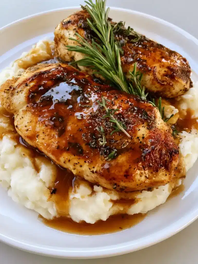 Overhead view of a Garlic Herb Chicken Breast dinner with translucent brown pan sauce pooling into thick white mashed potatoes.