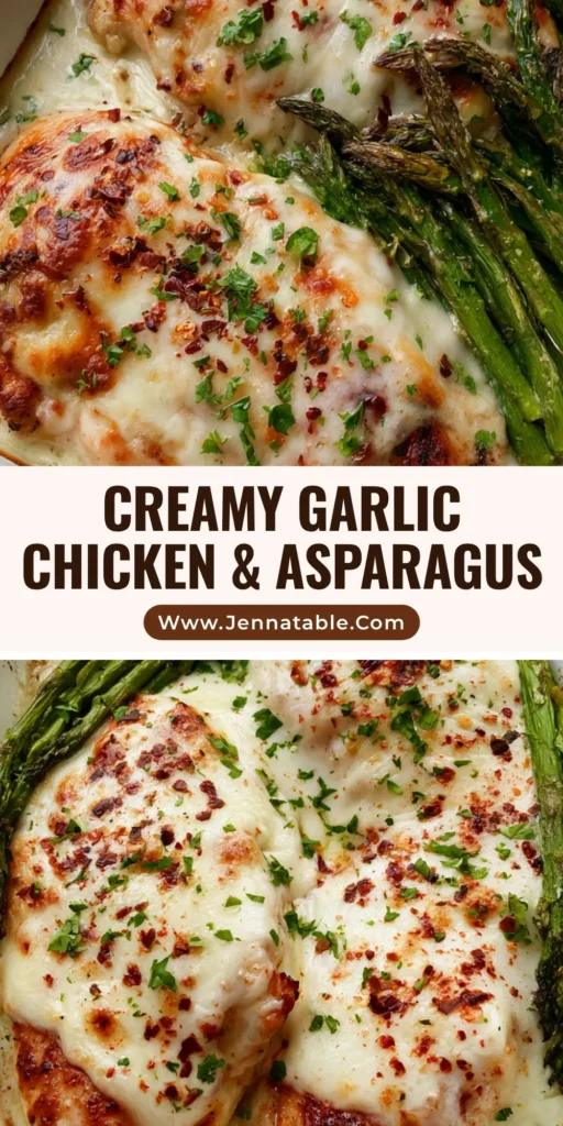 A white ceramic rectangular baking dish with seared golden-brown chicken breasts, thick garlic cream sauce, melted mozzarella, and vibrant roasted asparagus spears. (Creamy Baked Chicken and Asparagus)