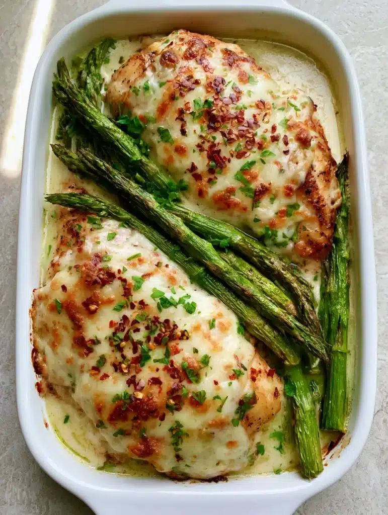 A top-down view of Creamy Baked Chicken and Asparagus featuring melted mozzarella, garlic cream sauce, and charred asparagus tips in a white ceramic dish.
