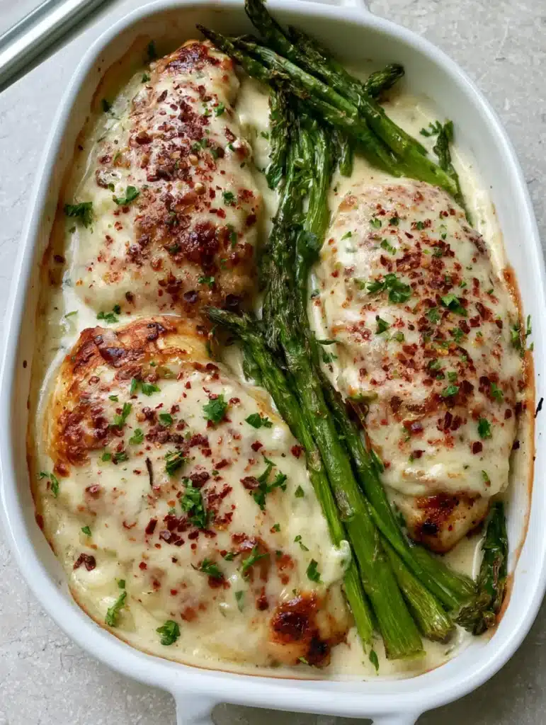 Close up shot of roasted asparagus spears alongside seared chicken covered in thick white cream sauce and red chili flake garnish. (Creamy Baked Chicken and Asparagus)