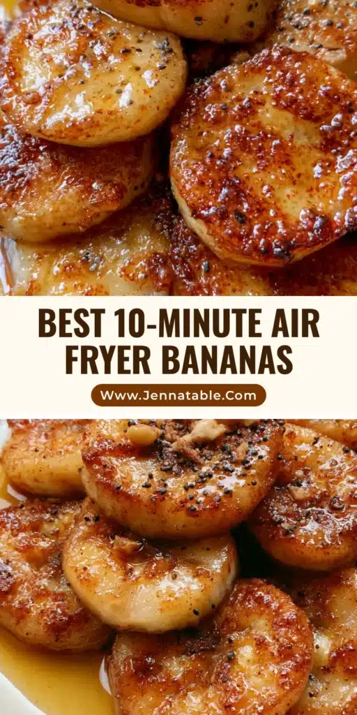 A stack of Air Fryer Caramelized Bananas in a ceramic dish with bubbling sugar crust and crushed walnuts.