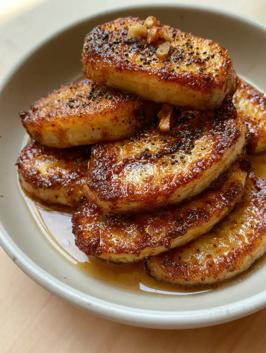 A handheld photo showing the translucent centers and glistening amber syrup of Air Fryer Caramelized Bananas.