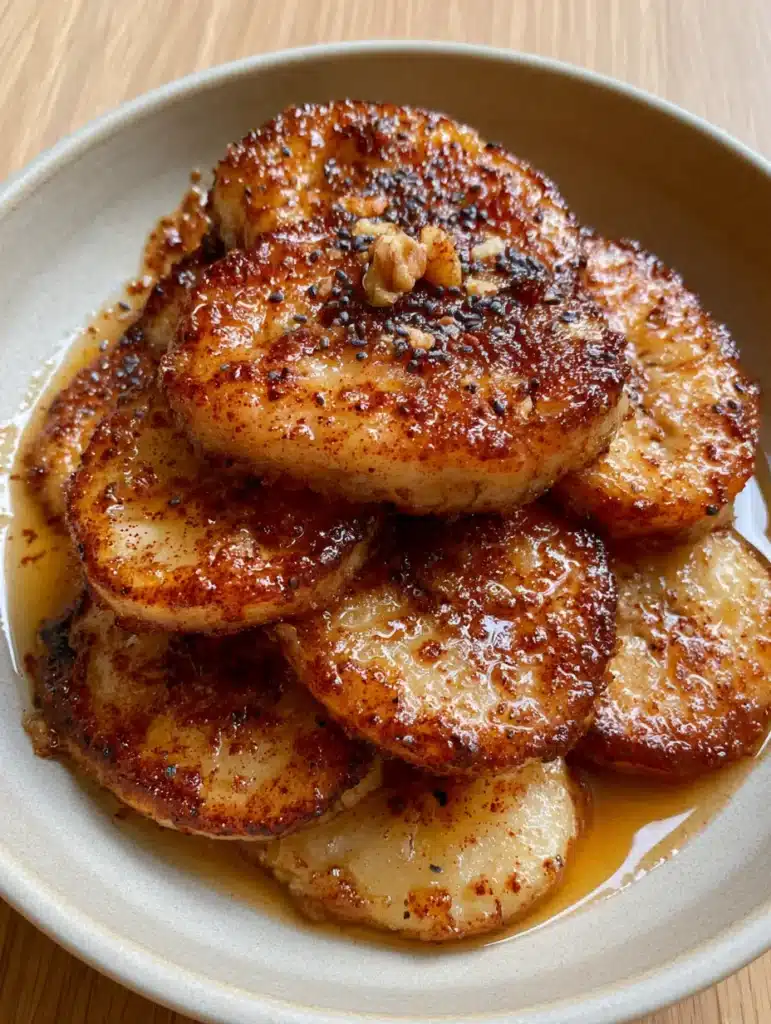Stacked Air Fryer Caramelized Bananas on a wooden surface under natural light.