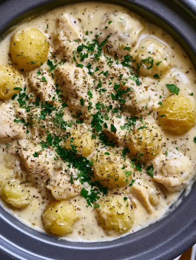Crockpot Garlic Parmesan Chicken and Potatoes with Velvety Cream Sauce 2 Close-up view of steam-cooked chicken chunks and whole yellow potatoes in a velvety garlic parmesan sauce. (Crockpot Garlic Parmesan Chicken and Potatoes)