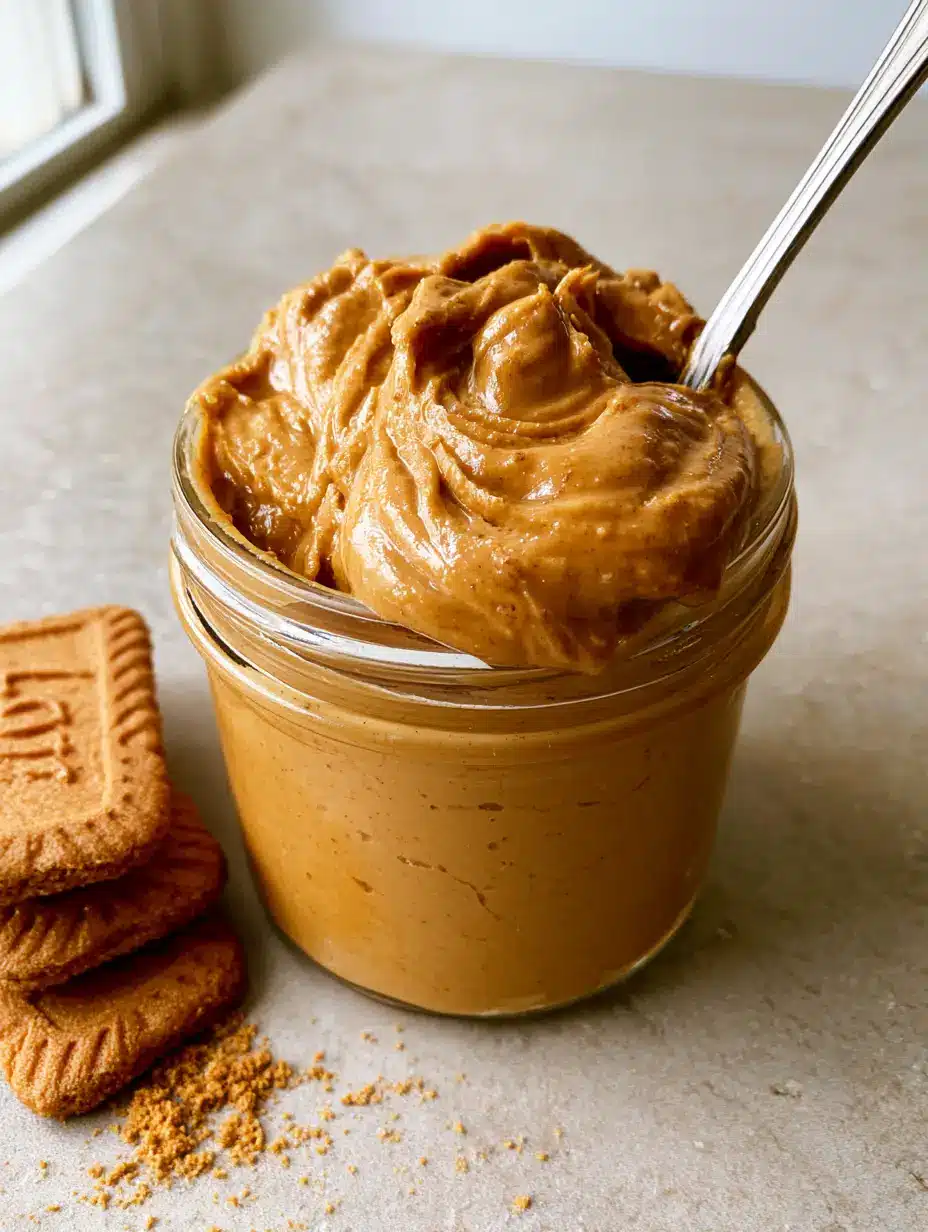 Biscoff Cookie Butter Recipe: How to Make Smooth Lotus Spread 3 A smartphone photo of a glass jar filled with golden-brown Biscoff spread and a silver spoon swirl. (Biscoff Cookie Butter Recipe)