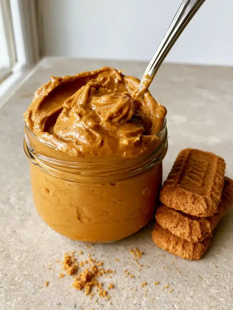 Biscoff Cookie Butter Recipe: How to Make Smooth Lotus Spread 1 A clear glass jar of smooth Biscoff cookie butter with whole cookies and fine crumbs on a stone counter. (Biscoff Cookie Butter Recipe)