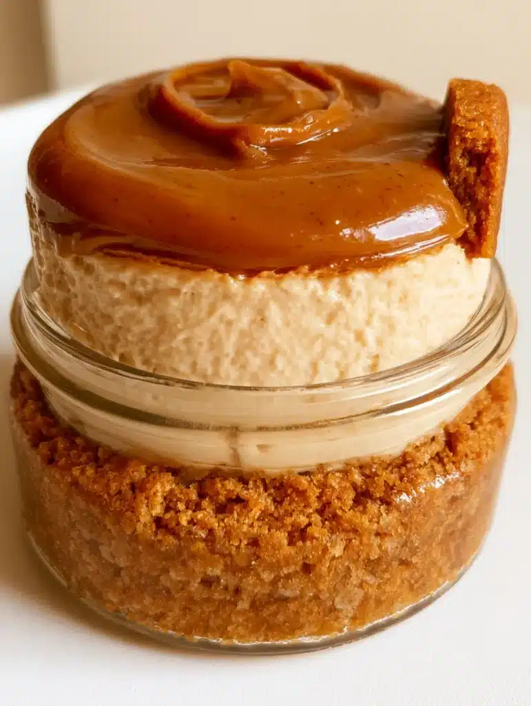 A handheld photo of a single Mini Biscoff Cheesecake in a jar showing the thick golden crust and beige mousse.