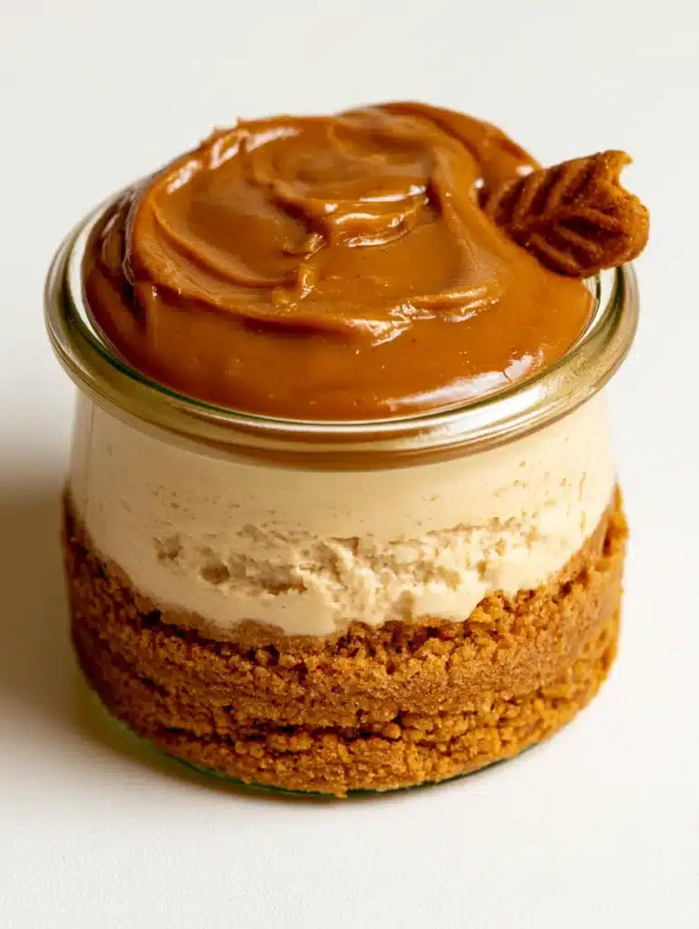 Top view of Mini Biscoff Cheesecakes with a glossy cookie butter drizzle and a cookie garnish.