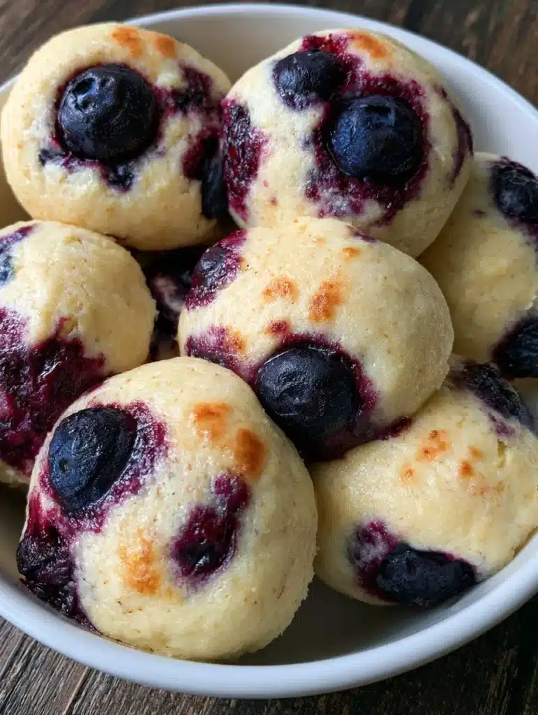 Baked Cottage Cheese Protein Bites showing a pale golden-yellow texture and dark purple blueberries.
