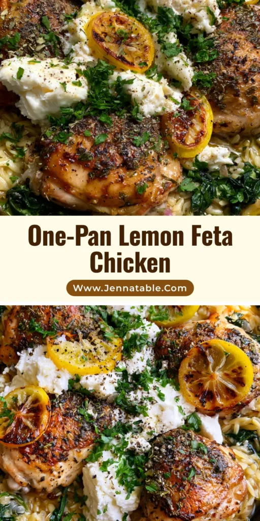 A rustic black cast iron skillet filled with Lemon Feta Chicken and Orzo, featuring crispy skin chicken thighs, charred lemon slices, and crumbled feta cheese.