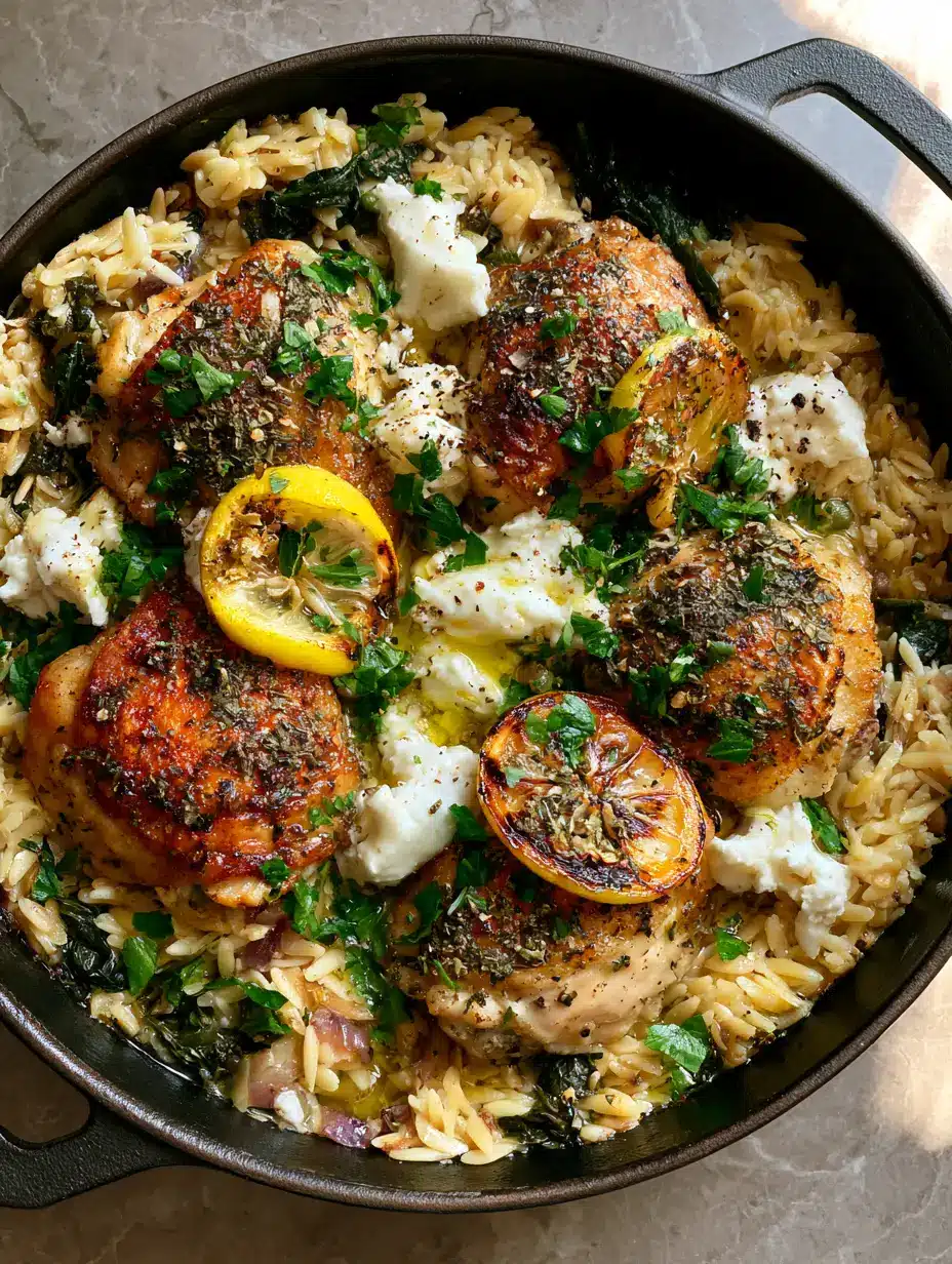 Close-up of golden-brown chicken thighs with herb-crusted skin resting on a bed of fluffy orzo and wilted spinach. (Lemon Feta Chicken and Orzo)