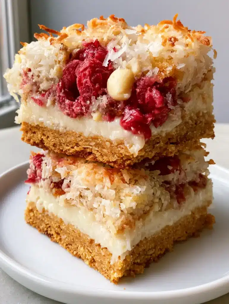 Side view of Raspberry Coconut Magic Bars showing the dense golden graham cracker crust and caramelized sugar edges.