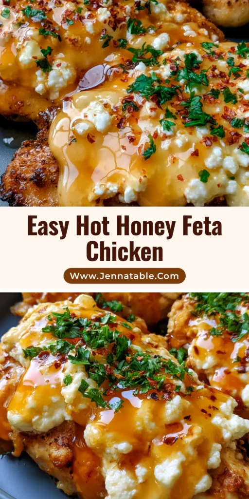 A smartphone photo of golden-brown Hot Honey Feta Chicken topped with melted white cheese and glossy amber sauce in a dark grey dish.