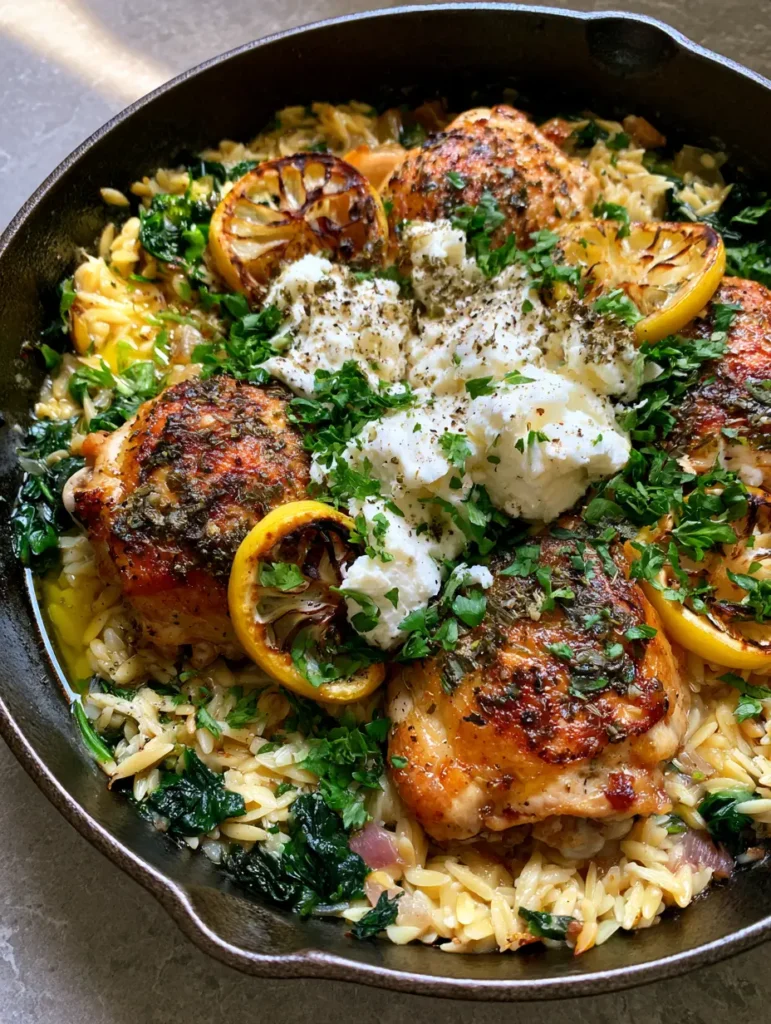 Top-down view of a Mediterranean chicken dish with charred lemon half-moons and fresh parsley garnish. (Lemon Feta Chicken and Orzo)
