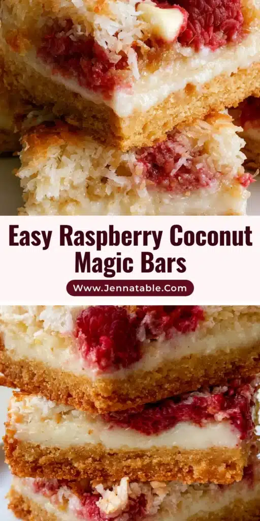 A stack of rectangular Raspberry Coconut Magic Bars on a white plate showing layers of graham cracker crust, condensed milk, and toasted coconut with red raspberries.