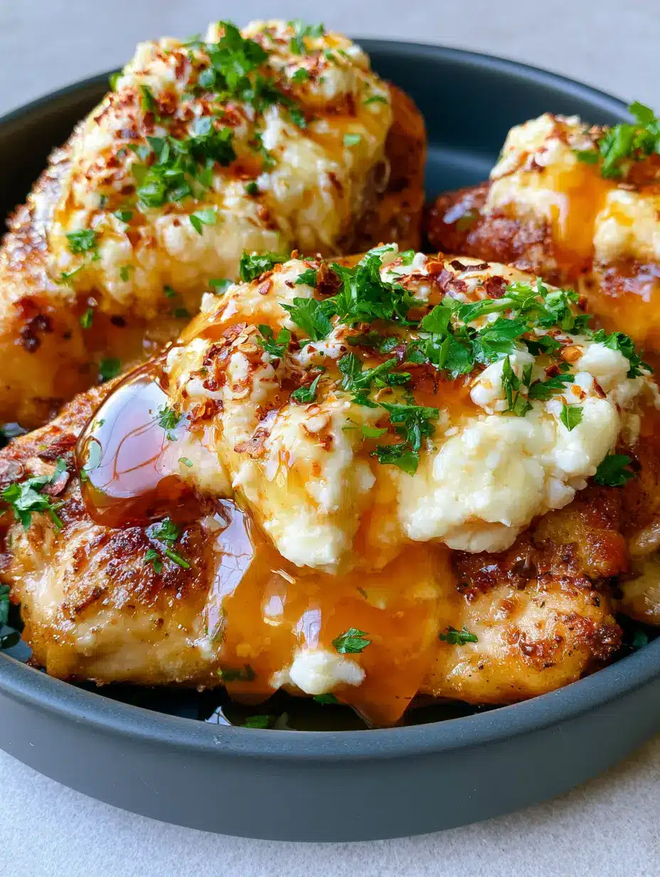 Close up of seared chicken breasts with melted feta and viscous hot honey sauce. (Hot Honey Feta Chicken)