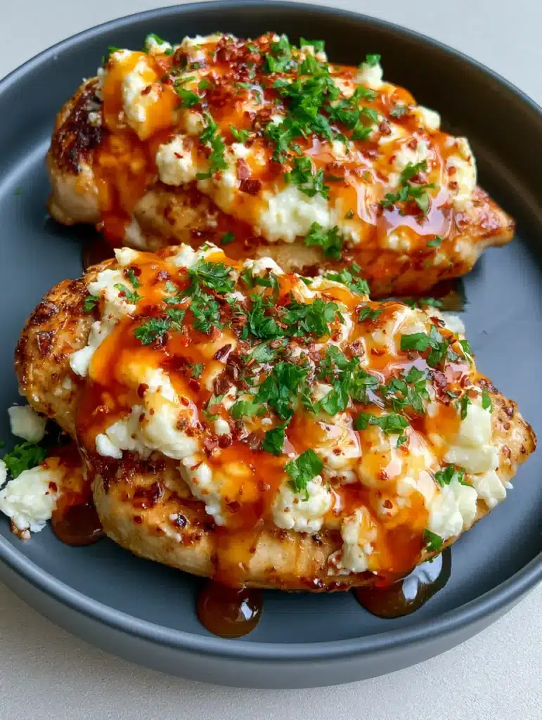 Top view of Hot Honey Feta Chicken garnished with fresh parsley and red chili flakes in a ceramic dish.