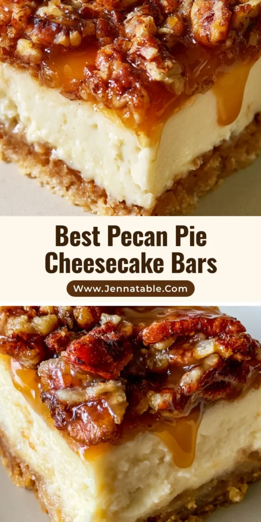 A close-up eye-level square of Pecan Pie Cheesecake Bars with a golden shortbread crust, dense ivory filling, and dripping amber pecan glaze.
