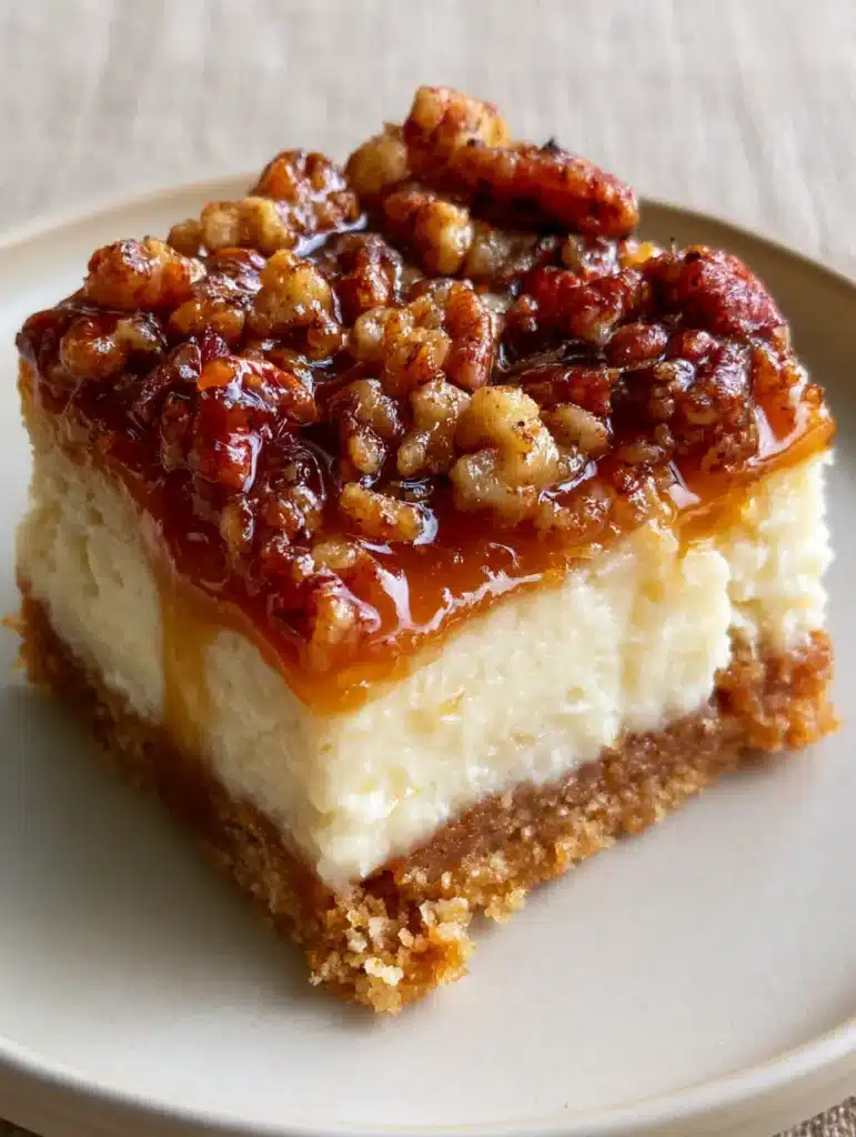 Single Pecan Pie Cheesecake Bar square on a white plate showing the dense pale ivory cheesecake and crunchy pecan topping. (Pecan Pie Cheesecake Bars)