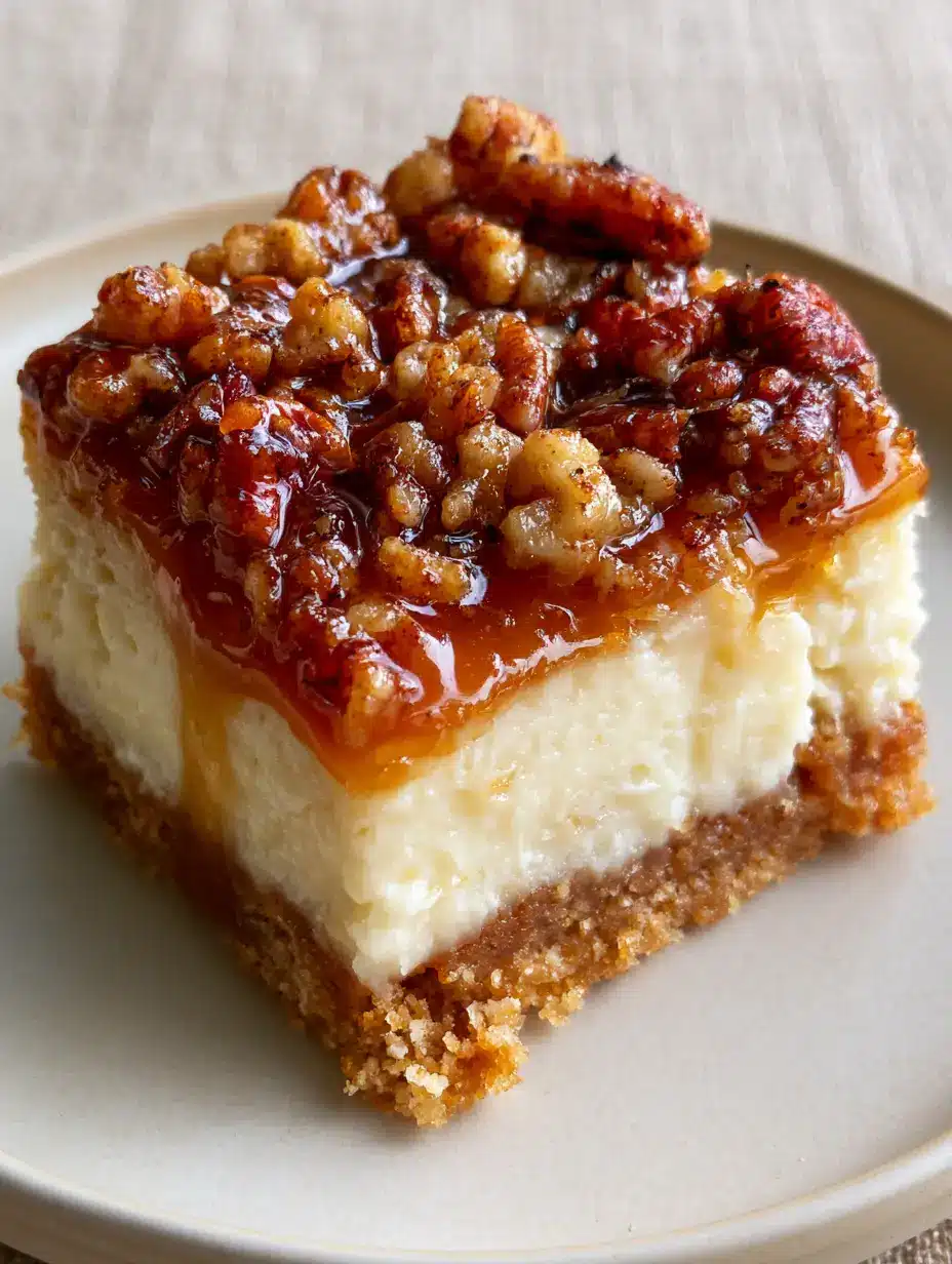 Single Pecan Pie Cheesecake Bar square on a white plate showing the dense pale ivory cheesecake and crunchy pecan topping. (Pecan Pie Cheesecake Bars)