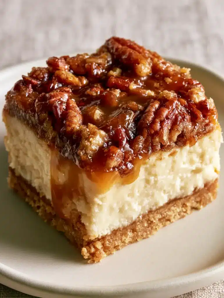 Detailed texture of the glossy amber caramel glaze and toasted pecans on top of Pecan Pie Cheesecake Bars.
