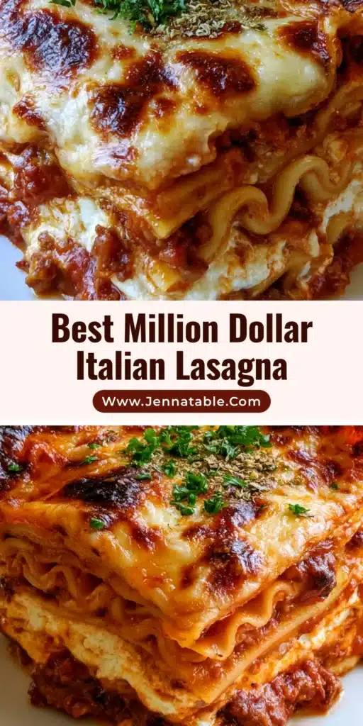 Million Dollar Italian Lasagna with a Charred Golden-Brown Cheese Crust 4 A thick, square-cut slice of Million Dollar Italian Lasagna with visible layers and a charred cheese crust on a white plate.