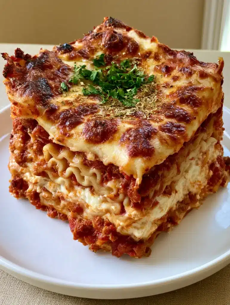 Million Dollar Italian Lasagna with a Charred Golden-Brown Cheese Crust 2 Side view of Million Dollar Italian Lasagna slice showing meticulous layers of wavy noodles, ricotta, and beef sauce.