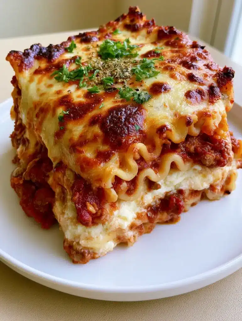 Million Dollar Italian Lasagna with a Charred Golden-Brown Cheese Crust 1 Close up of the charred golden-brown cheese crust on a Million Dollar Italian Lasagna with fresh parsley garnish.