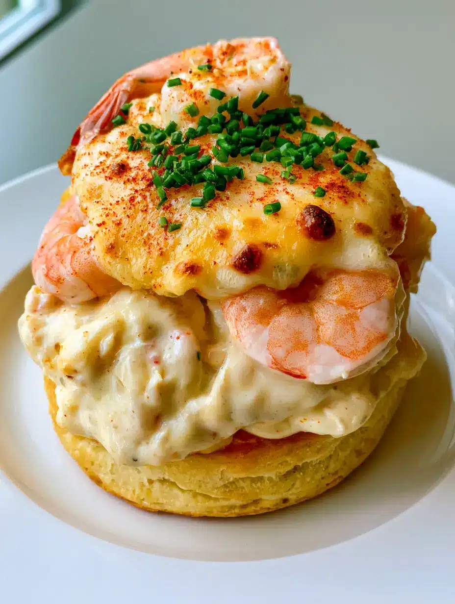 Close up shot of shrimp and crab biscuit melts showing toasted brown cheese spots and fresh chives. (Shrimp and Crab Biscuit Melts)