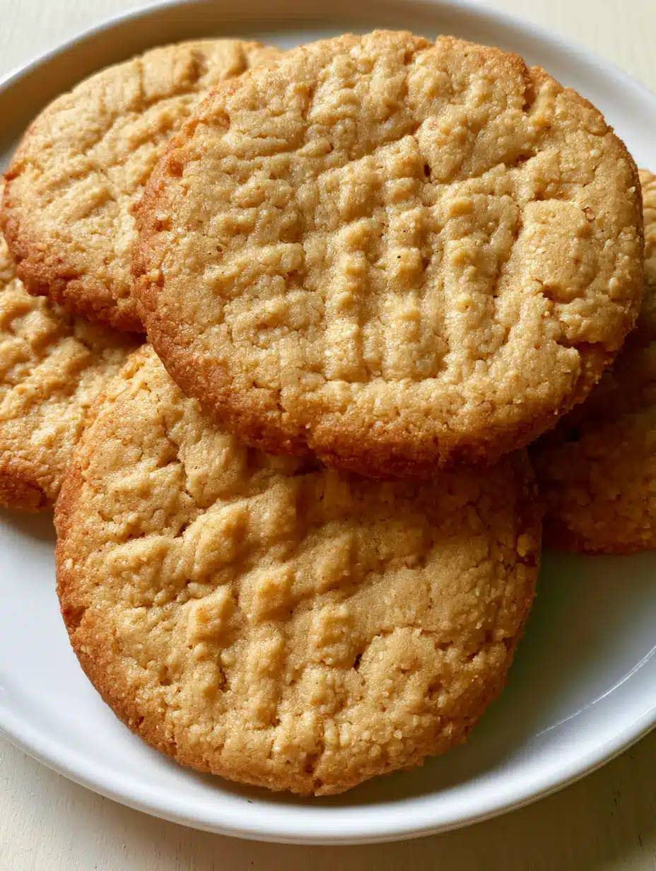 Close-up high-angle shot of golden-brown Oat Flour Peanut Butter Cookies with a fork-pressed pattern on a white plate.