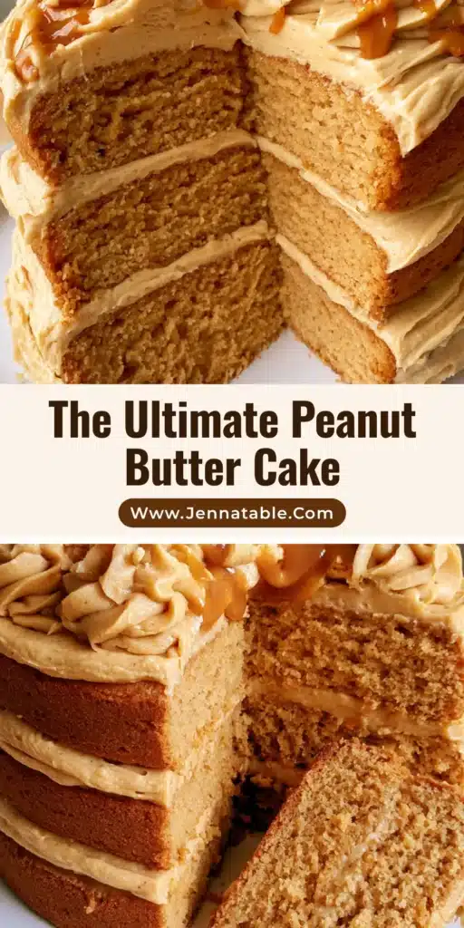 A close-up three-layer Peanut Butter Cake with pale tan buttercream and melted drizzle on a white plate.