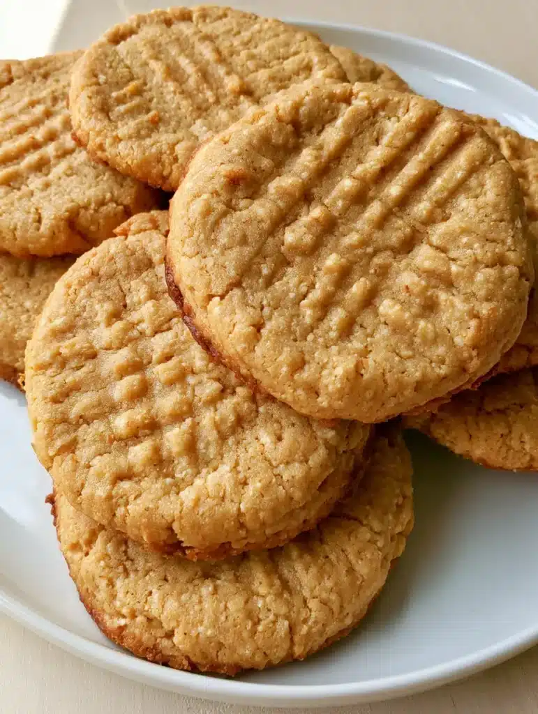 Side-lit photo of thick, soft-baked peanut butter cookies showing crumbly texture and toasted edges.