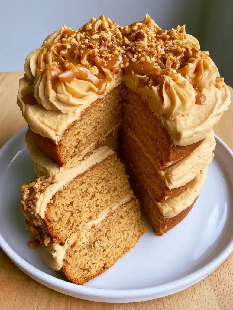 Side view of a Peanut Butter Cake showing the golden layers and moist crumb texture.