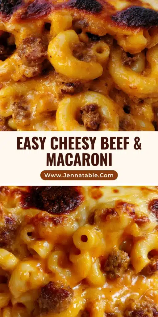 A close-up of Beef Macaroni Casserole on a white plate with bubbly melted cheese and dark charred spots.