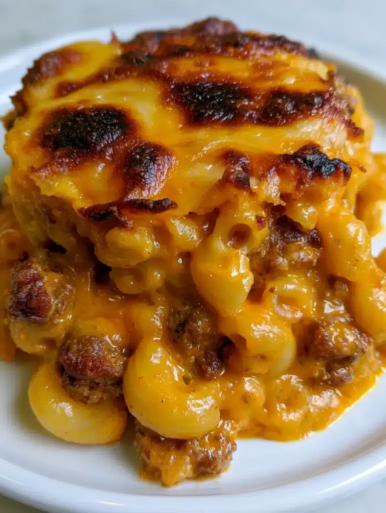 Close-up shot of beef macaroni casserole showing glossy orange cheddar sauce and browned beef crumbles.